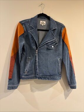 Jordache Denim Jacket with Orange and Rust Sleeve Panels
